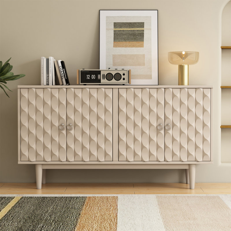 Buffet moderne à 4 portes avec portes à motif convexe et 2 poignées, Amande
