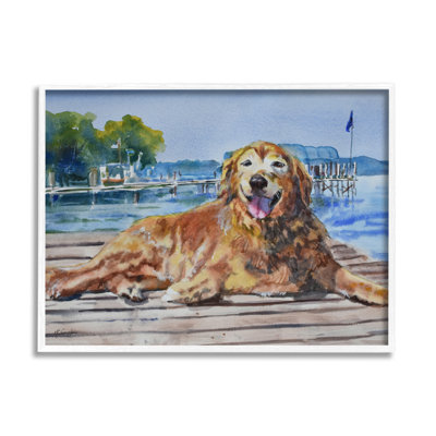 «Coastal Waterfront Scenery Golden Retriever Relaxing Dock» par MB Cunningham - Peinture