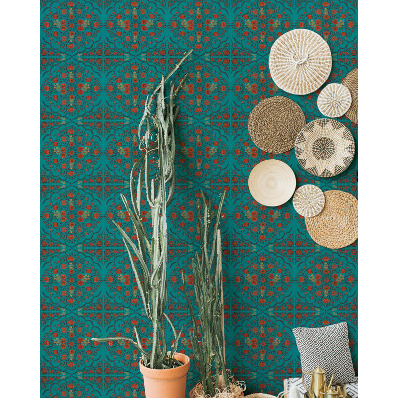 World Of Fabrics Floral Wallpaper Roll, Red/Gold/Turquoise