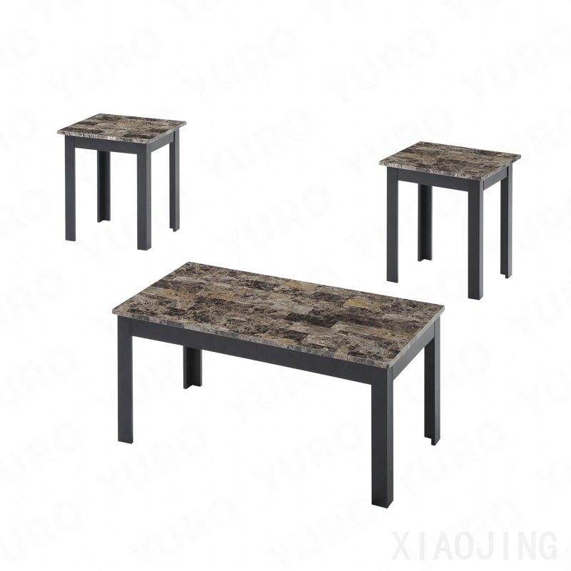 Ensemble de 3 pièces Table basse rectangulaire de style traditionnel Table de bout carrée Pieds en bois Plateau en faux marbre Mobilier en bois brun