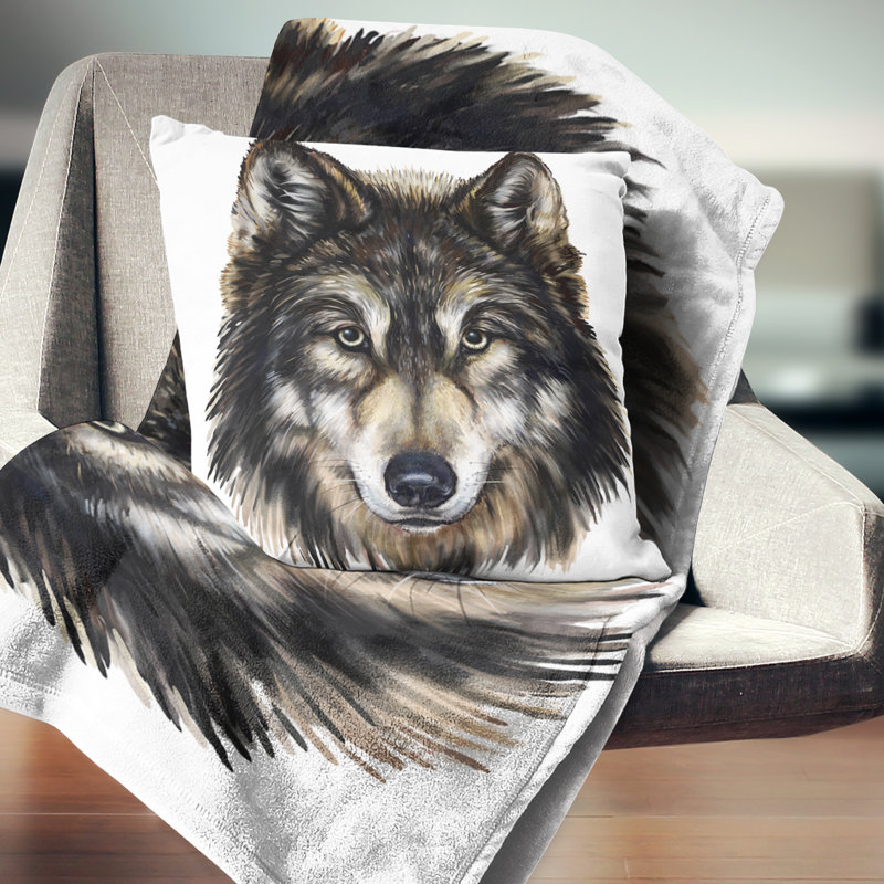 Tête de loup - coussin imprimé animal, 16 po x 1 po, Coussin décoratif