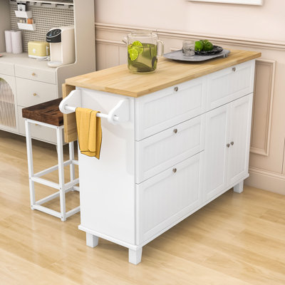 Nels 3-Piece Wooden Kitchen Island Set, Kitchen Island with Drop Leaf, Storage Cabinet and 2 Stools by Lark Manor