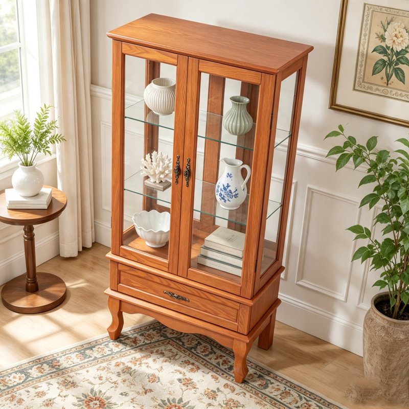 Vitrine lumineuse en verre avec tablettes réglables et tiroir