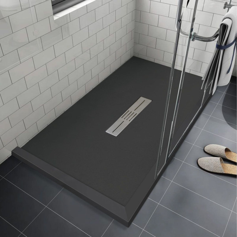Transolid Trimslate 60-in x 48-in Shower Base with Adjustable Double Threshold and Center Drain, Black