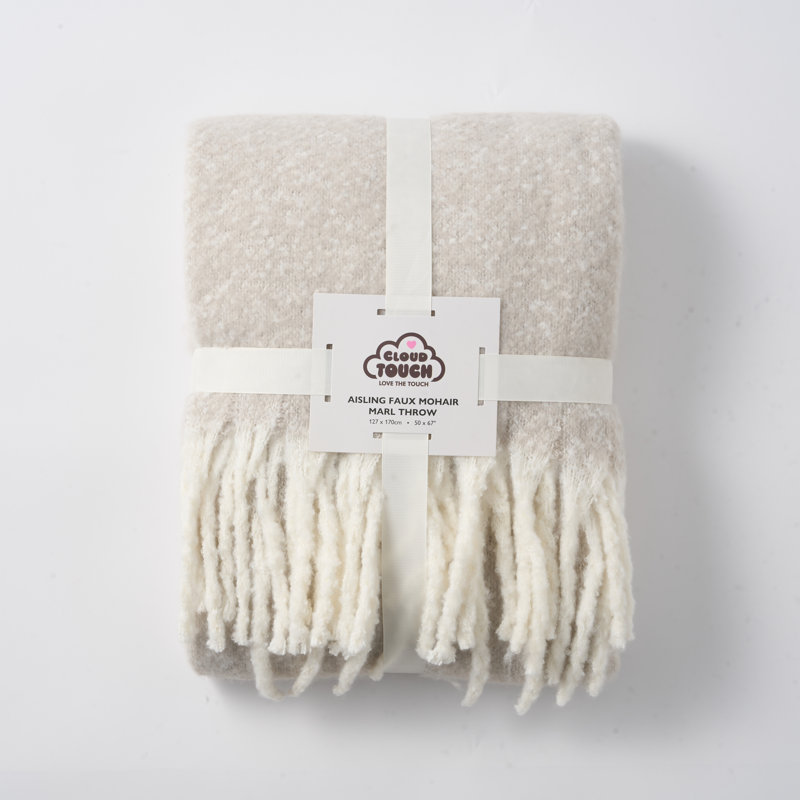 Faux Mohair Throw - Soft Fringed Blanket, Beige