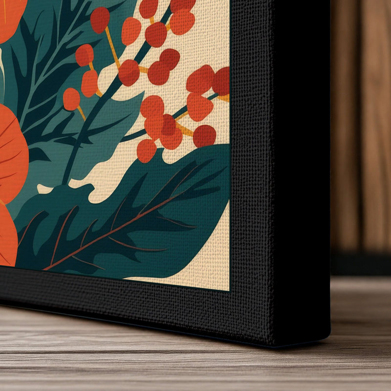 Orange Blooms & Teal Art Deco - Wrapped Canvas, 30x20 - 76.2 x 50.8 cm, Black Border