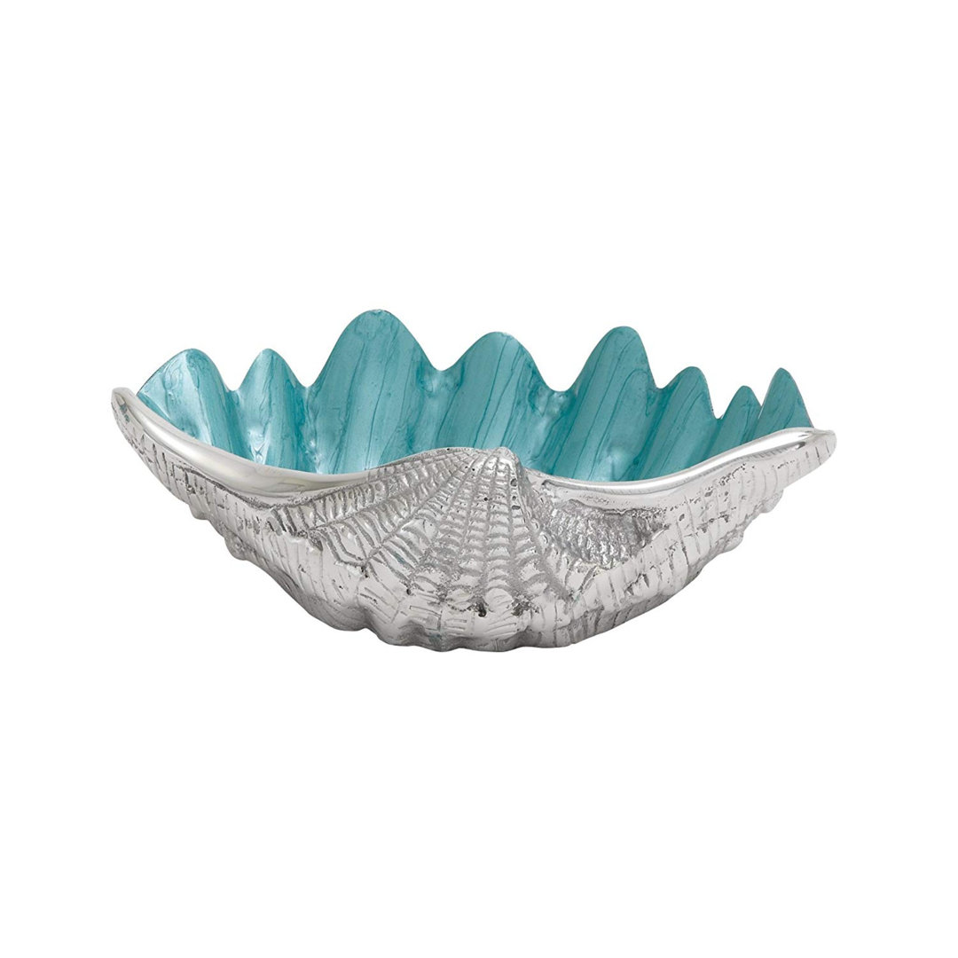 Ember Silver Shell Sea Life Serving Bowl with Enamel Interior 12" x 9" x 3" Dovecove Color: Silver / Peacock Blue