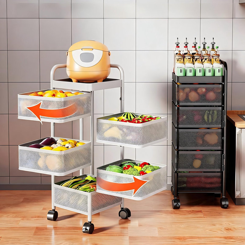 Panier à fruits et légumes rotatif à 5 niveaux, chariot roulant en maille métallique avec couvercle et roulettes pour le rangement de la cuisine