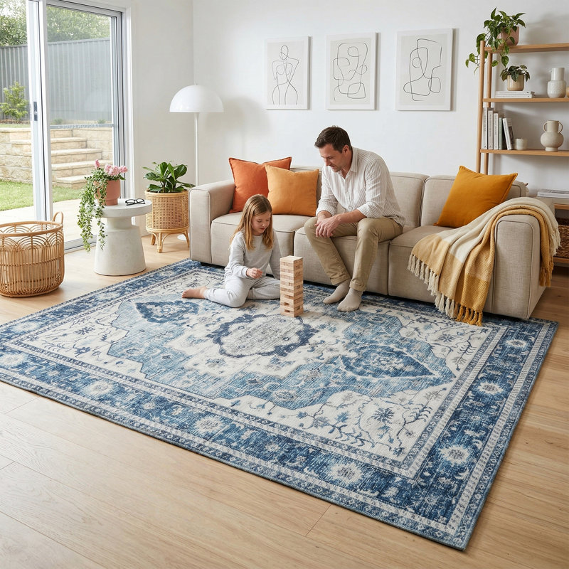 Tapis Boho Vintage Medallion, Bleu / Blanc / Gris, Rectangle 5 pi x 7 pi