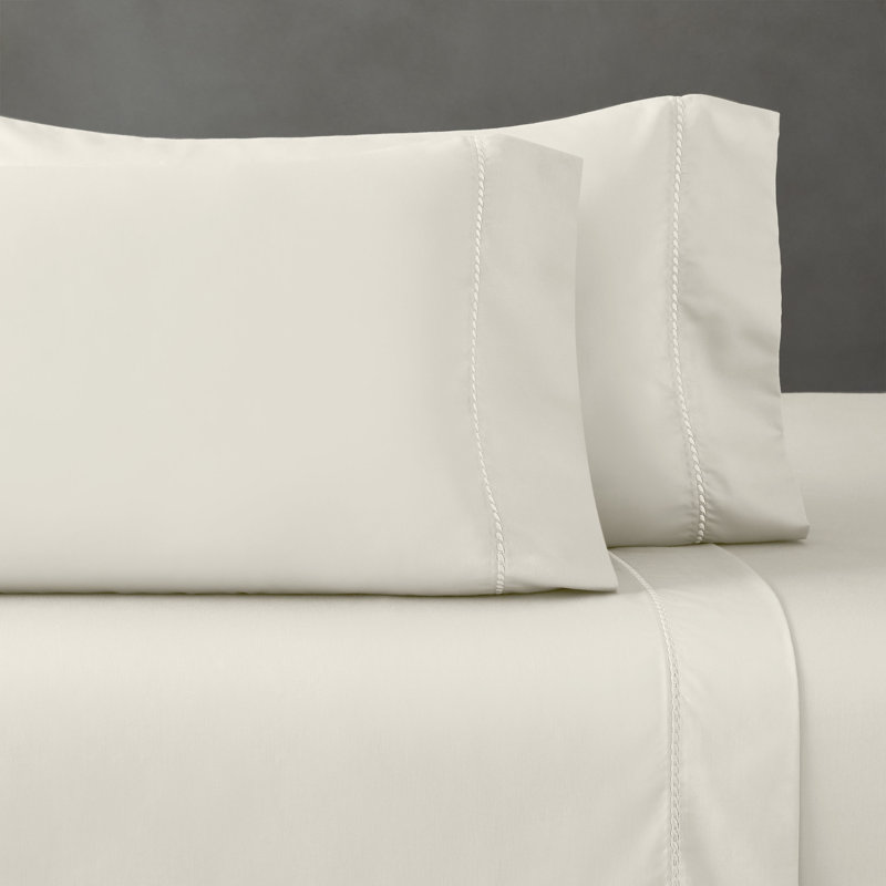 Imperia Cotton Blend 600 Thread Count Dash Stitch Embroidered Hem Pillowcase Set of 2, Ivory