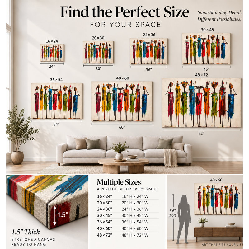 Colorful African Masai People Stretched Canvas Wall Art, Ready to Hang, 30" H x 45" W
