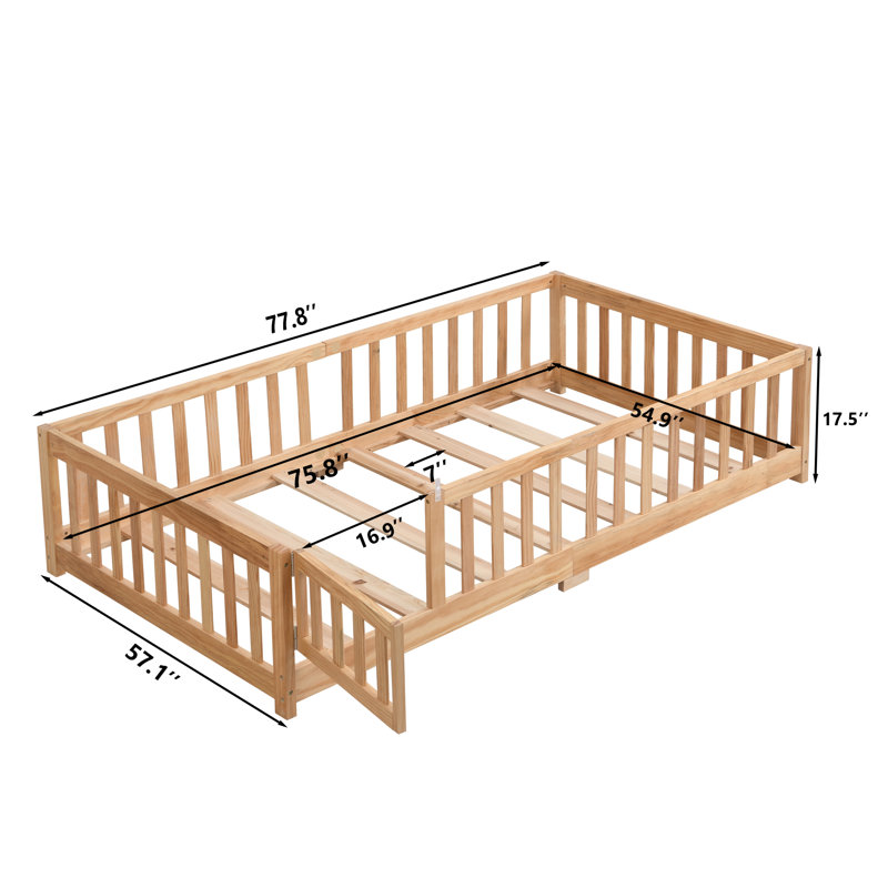 Full Size Floor Bed With Door,Solid Wood Platform Bed Frame With Fence,Suitable For Children,Pine Wood,Natural