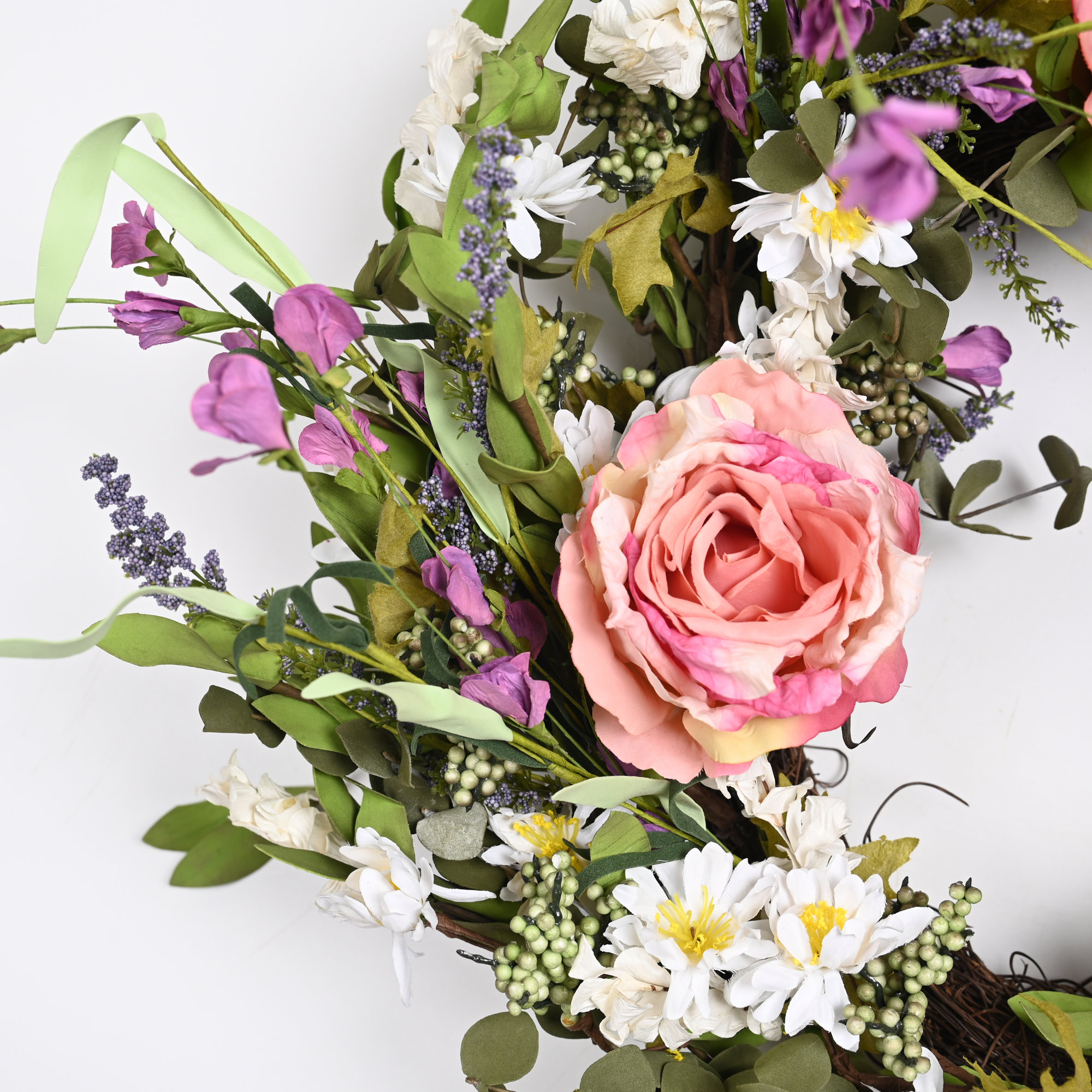 24" Artificial Farmhouse Blossoms Cluster Greenery Leaves Berry Spring Summer Peony Floral Wreath For Front Door Faux Flower Daisy Wedding Party Home Wall Decor