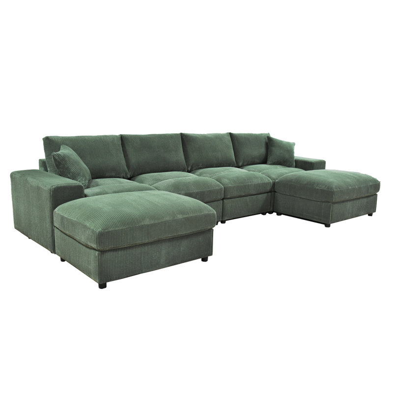 Canapé modulaire avec deux repose-pieds et coussins décoratifs, Velours côtelé vert foncé
