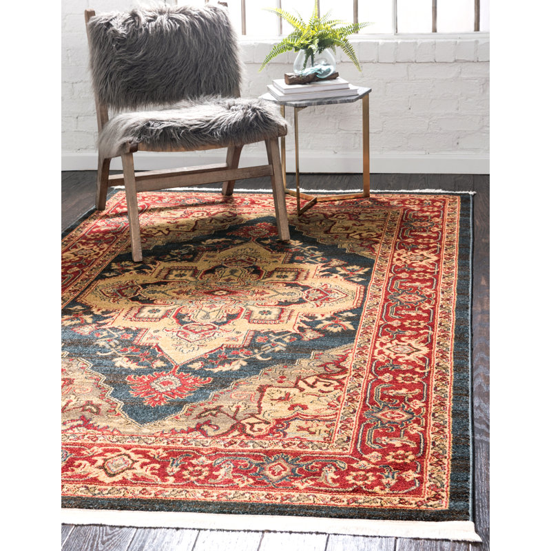 Tapis rouge / brun clair / bleu marine tissé à la machine Eesi, Rectangle 10 pi x 13 pi 1 po