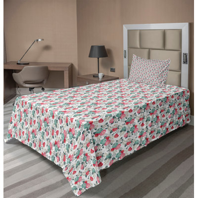 Ambesonne Rose Sheet Set 3 Pcs Vintage Colorful Flowers Plot Dark Coral and Pale Seafoam