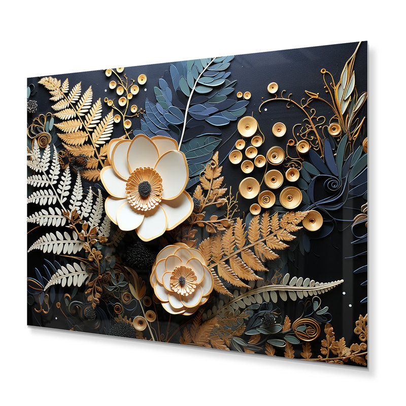 Ferns Copper Elegance I - impression florale sur métal, H 16 po x l 32 po x P 1 po