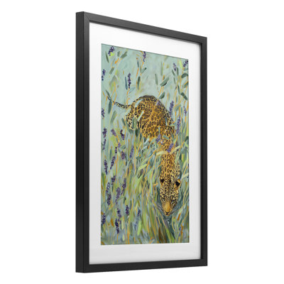 Leopard in Liriope Framed Print Under Glass, design by Amanda Tsoukanelis