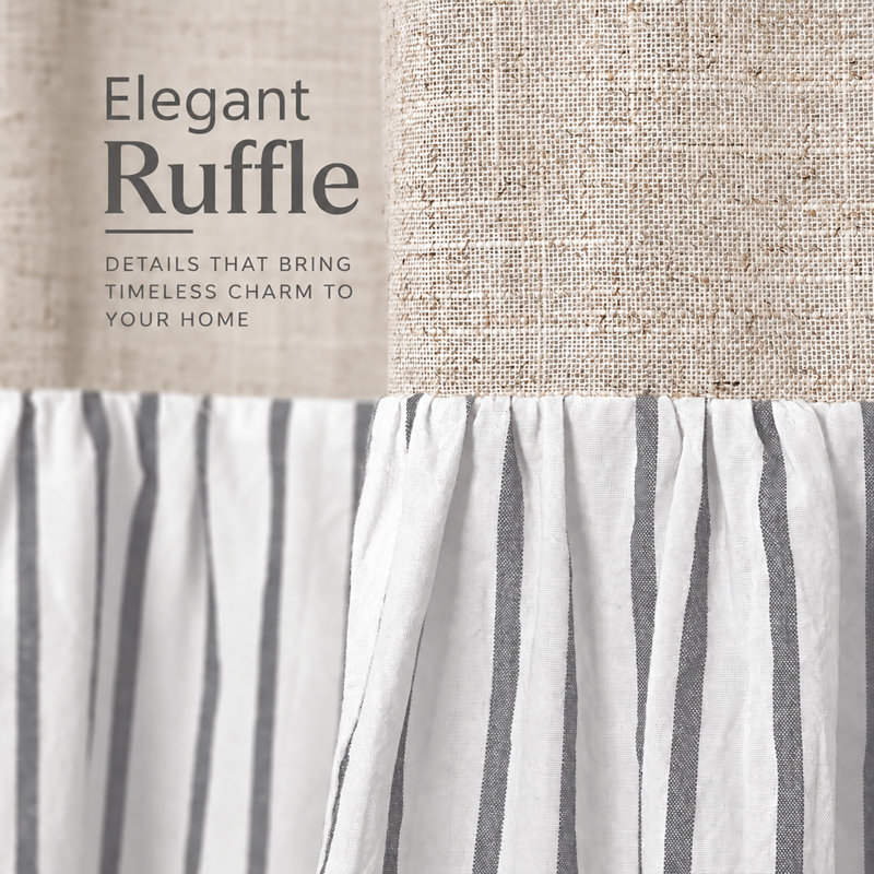 Rideau de douche à volants de style ferme, patchwork rayé lin et gris, décoration naturelle de salle de bain, tissage texturé pour salles de bain modernes et shabby chic, 183 x 183 cm