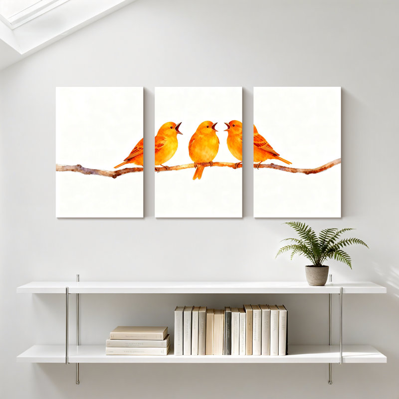 «Birds Three Yellow Birds Singing On Branch», ensemble de 3 impressions sur toile, H 18 po x l 36 po
