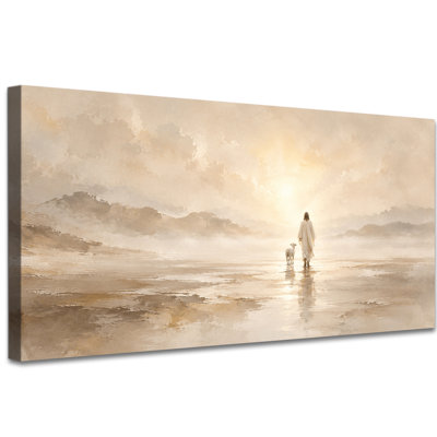 Tableau mural extra large représentant Jésus chrétien, un agneau à côté de lui sur un horizon dégagé, scène dorée minimaliste pour chambre et salon, toile tendue sur châssis, 61 x 122 cm