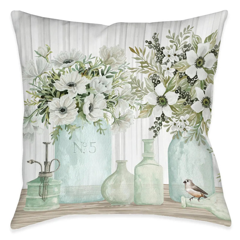 Mint French Fleurs Reversible Throw Pillow