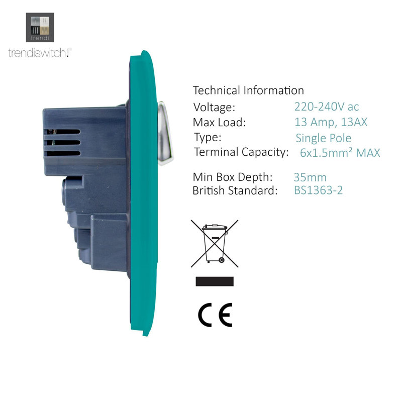 Trendi Switch 2 Gang 4 Port USB 2100mA Plug Socket, Bright Teal