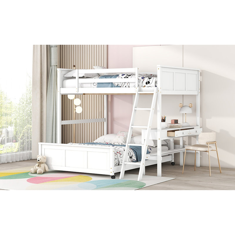 Lit double superposé au dessus d'un lit double avec bureau, Blanc, Lit double