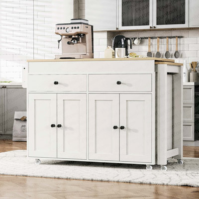 K&K 74.5 Inch Kitchen Island With Extendable Dining Table , Rolling Kitchen Island On Wheels With Spice Rack And 2 Drawers, 4 Door Cabinet, For Kitchen, Dining Room, White (One Package)