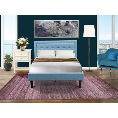 2-Piece Platform Full Size Bedroom Set with 1 Mid Century Bed and a Bedroom Nightstand - Reliable and Durable Construction - Denim Blue Linen Fabric