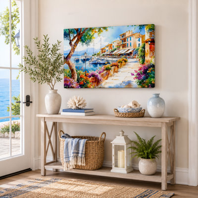 Harbor Village with Flowers Wrapped Canvas Wall Art