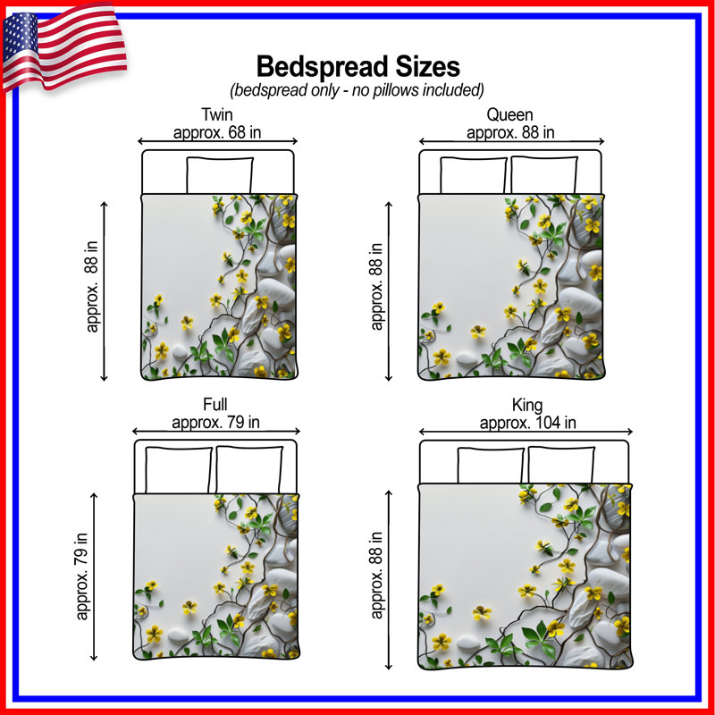 Couvre-lit matelassé fleurs jaunes sur roches , Grand lit