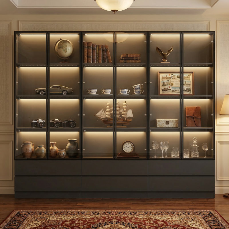 63'' W Large Display Case Curio Cabinet With 6 Drawers & LED Light