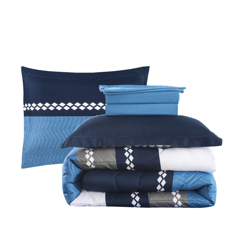Marina Decoration Home Decor Bedding Comforters Duvet Soft Fluffy Goose Down Alternative Bed In A Bag BIAB 7 Piece Printed Comforter Set with 4 Piece Sheet Set, Navy Blue Geometric Stripes Queen Size