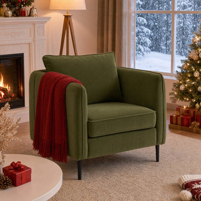 Fauteuil d'appoint Mid-Century moderne en velours, fauteuil simple rembourré avec coussin décoratif et pieds en métal, fauteuil de lecture pour salon, chambre à coucher, bureau
