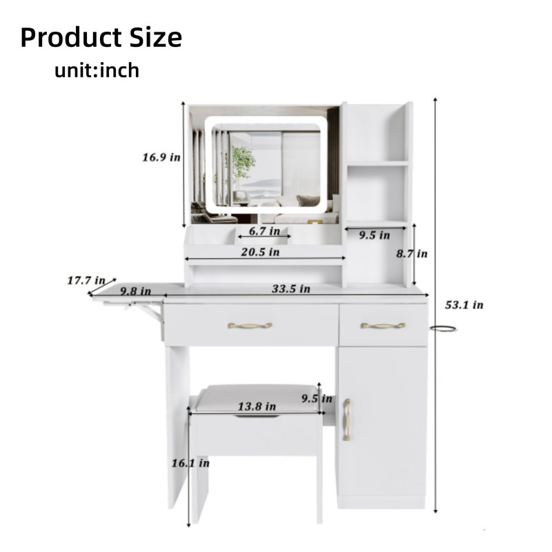 Meuble-lavabo avec miroir lumineux à DEL et station de charge avec prise de courant, 3 tiroirs, 7 tablettes et tabouret de rangement (blanc)