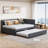 Dual Function Full Size Upholstered Platform Daybed, Linen Upholstery in Neutral Gray with Pull-Out Trundle, No Box Spring Required-2109980752-2109980754