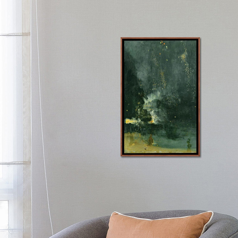 Nocturne en noir et or The Falling Rocket - reproduction d'art murale - toile encadrée, 26 po x 18 po, Toile avec cadre, Brun