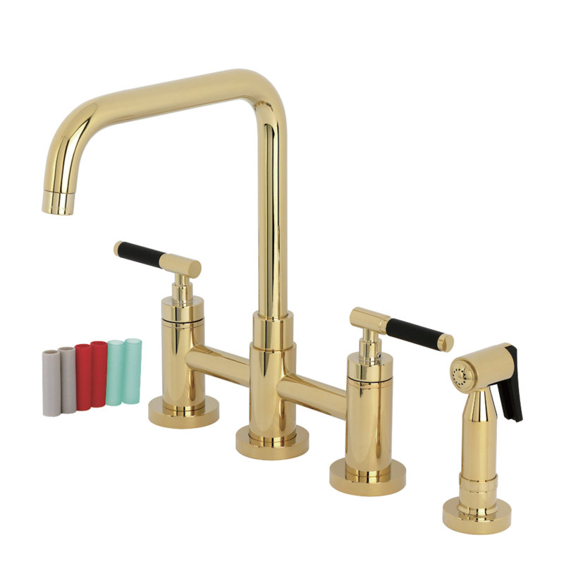 Kingston Brass Kaiser Two-Handle 4-Hole Deck Mount Bridge Kitchen Faucet with Brass Side Sprayer, Polished Brass