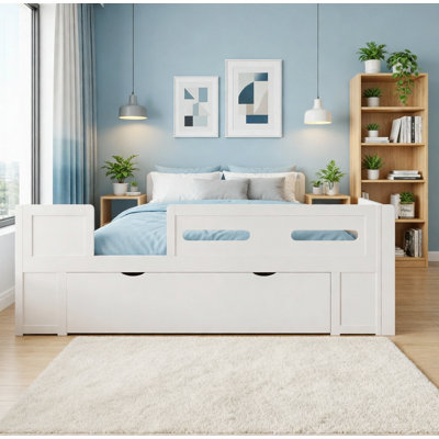 Wood Platform Bed with Guardrail,Drawer