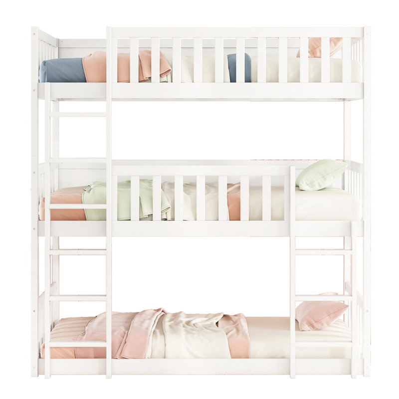 Lit superposé détachable en bois d'hévéa blanc - Taille simple avec échelles et garde-corps pour chambre à coucher, Blanc