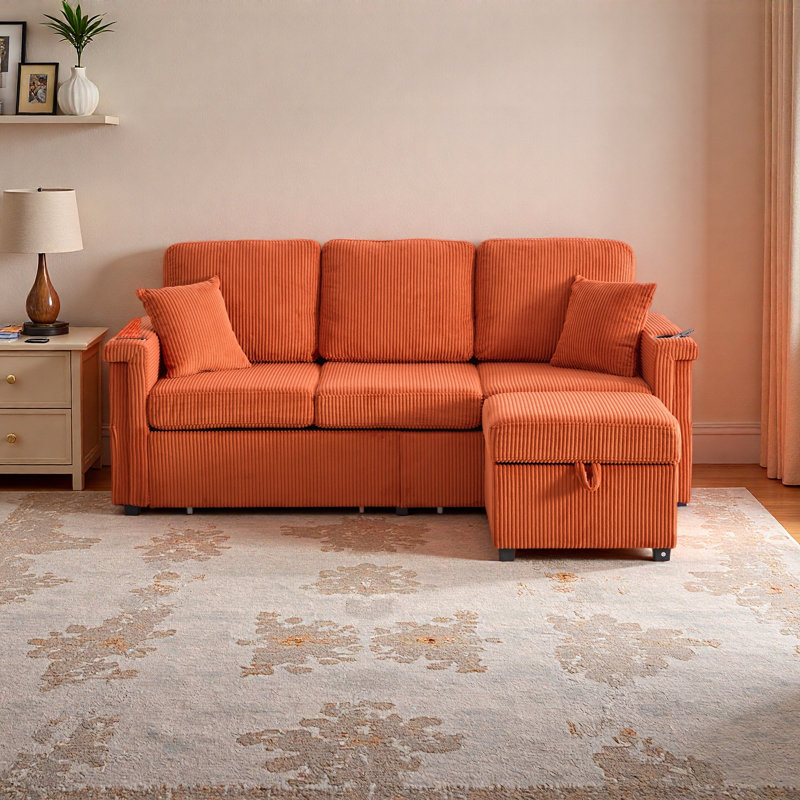 Canapé modulaire en L avec rangement escamotable, repose-pieds et coussins à 3 places avec chargement USB, porte-gobelet, conception convertible pour salon, appartement, tissu en velours côtelé