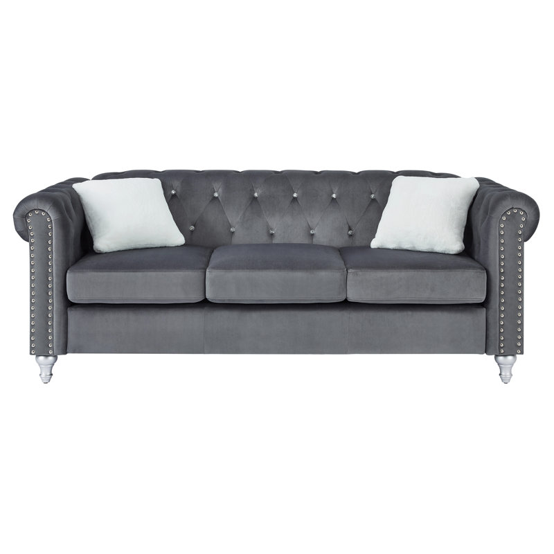 Julianne 82" Rolled Arm Chesterfield Sofa, Gray Microfiber /Microsuede