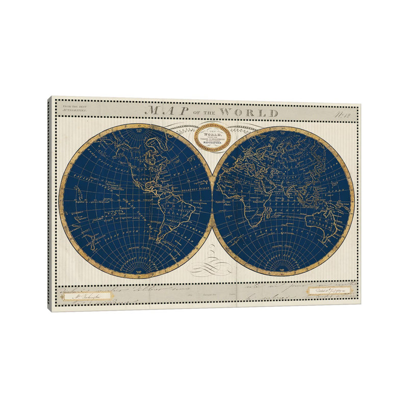 Torkingtons World Map Indigo Globes by Sue Schlabach - Print on Canvas, 45.72cm H x 66.04cm W x 1.91cm D, Wrapped Canvas