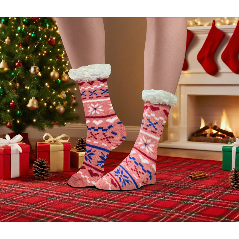 Xmas Fun Festive Fleece Lined Pair Socks Pink Nordic