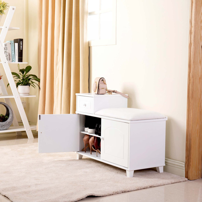 Banc de rangement blanc pour chaussures avec coussin en polyuréthane ignifuge