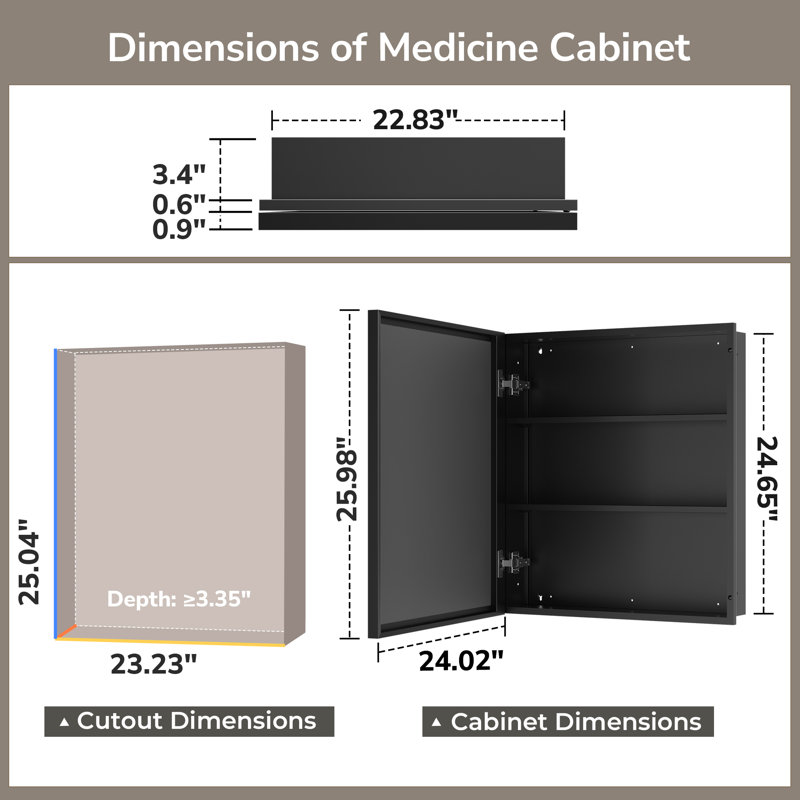 Armoire à pharmacie avec miroir et 3 tablettes Cyrille, H 26 po x l 24 po x P 5,2 po, Noir