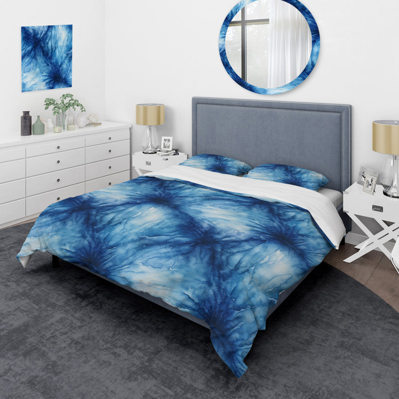Ensemble de housse de couette bleu et blanc Shibori Marble Ink I, Housse de couette simple + 1 taie décorative stan