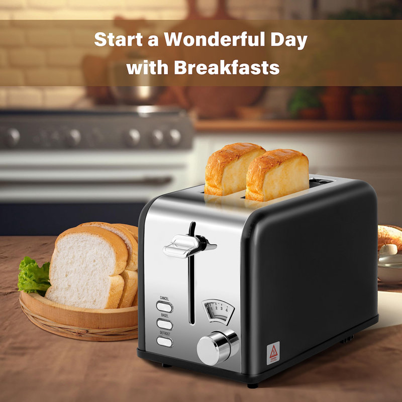 Retro Black Stainless Steel 2-Slice Toaster with Wide Slot and Crumb Tray