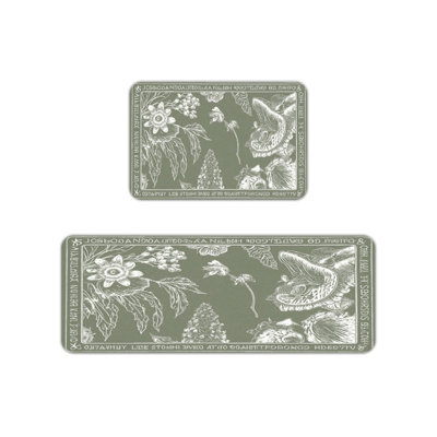 Sage Green Botanical Print Kitchen Mats for Kitchen & Boho Decor, Green White 2-Piece Set